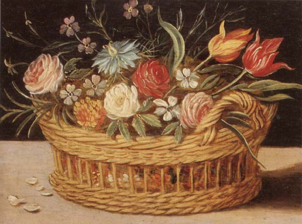 unknow artist Still life of roses,tulips,chyrsanthemums and cornflowers,in a wicker basket,upon a ledge